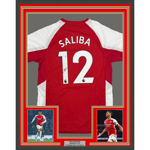 Framed Autographed/Signed William Saliba 35x39 Arsenal Red Soccer Jersey Beckett