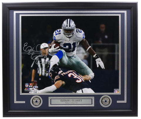 Ezekiel Elliott Signed Framed Dallas Cowboys 16x20 Hurdle Photo BAS