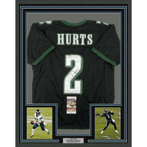 FRAMED Autographed/Signed JALEN HURTS 33x42 Philadelphia Black Jersey JSA COA