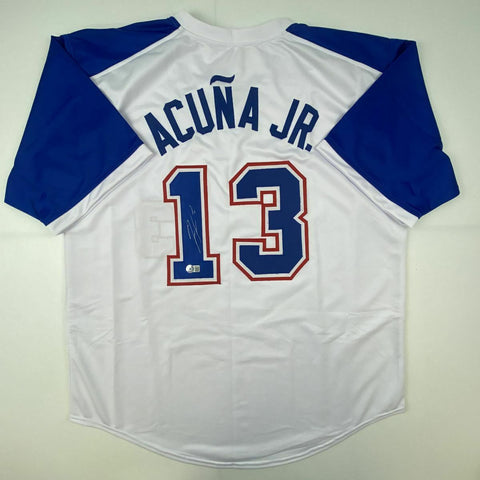 Autographed/Signed RONALD ACUNA JR. Atlanta White Retro Jersey Beckett BAS COA