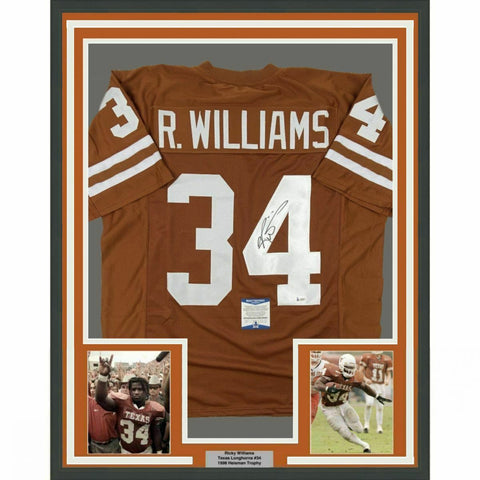 FRAMED Autographed/Signed RICKY WILLIAMS 33x42 Texas Orange Jersey Beckett COA