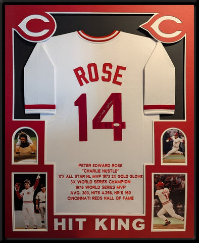 FRAMED CINCINNATI REDS ROSE AUTOGRAPHED SIGNED STAT JERSEY JSA COA