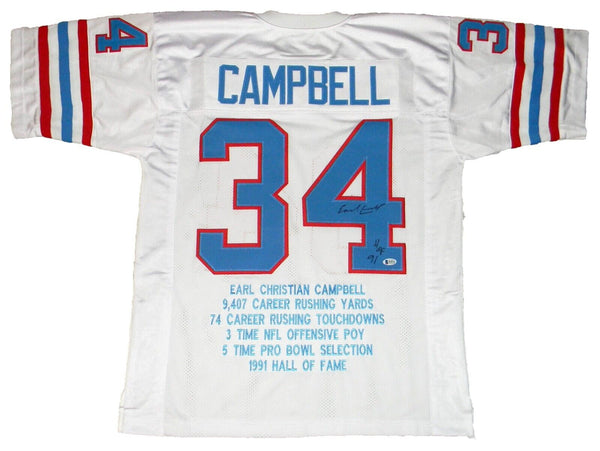 EARL CAMPBELL SIGNED HOUSTON OILERS #34 WHITE STAT JERSEY BECKETT W/ HOF 91