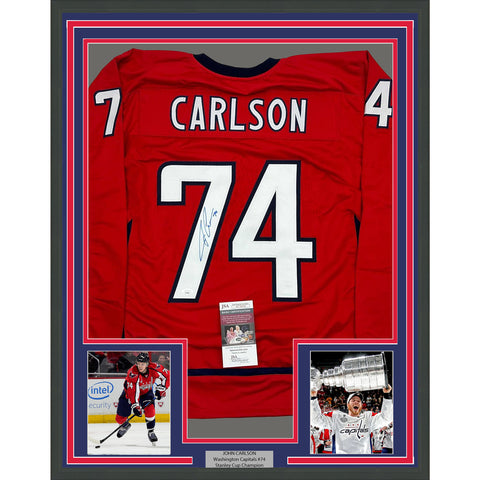 Framed Autographed/Signed John Carlson 35x39 Washington Red Jersey JSA COA