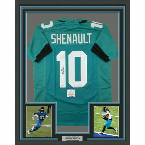 FRAMED Autographed/Signed LAVISKA SHENAULT 33x42 Teal Football Jersey BAS COA