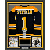 Framed Autographed/Signed Jeremy Swayman 35x39 Boston Black Jersey JSA COA