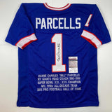 Autographed/Signed Bill Parcells New York Blue Stat Football Jersey JSA COA