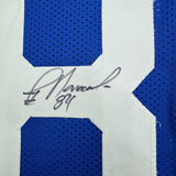 Framed Autographed/Signed Jay Novacek 35x39 Dallas Blue Football Jersey JSA COA