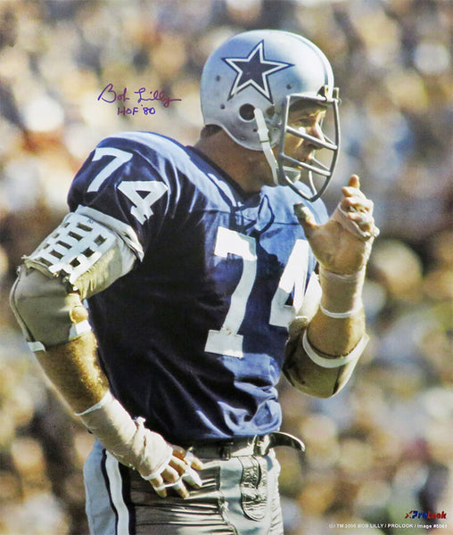 Bob Lilly Signed Cowboys Navy Jersey 16x20 Photo w/HOF'80 - (SCHWARTZ COA)