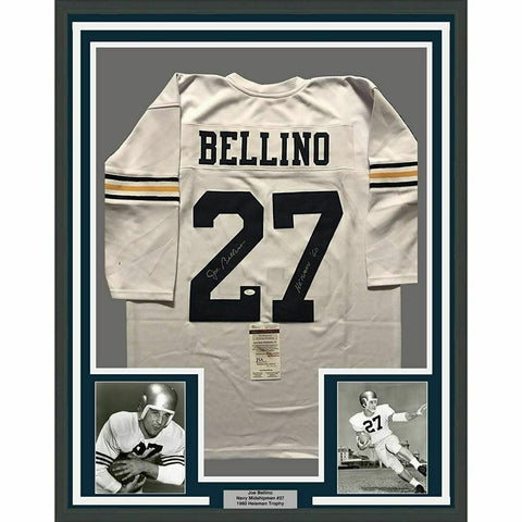 FRAMED Autographed/Signed JOE BELLINO 33x42 Navy White College Jersey JSA COA