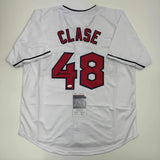 Autographed/Signed Emmanuel Clase Cleveland White Baseball Jersey JSA COA