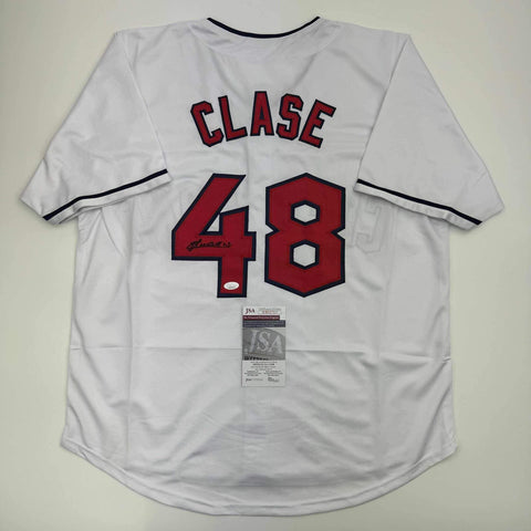 Autographed/Signed Emmanuel Clase Cleveland White Baseball Jersey JSA COA