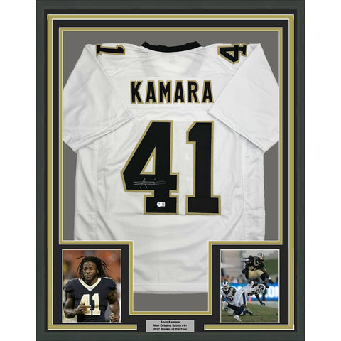 Framed Autographed/Signed Alvin Kamara 35x39 New Orleans White Jersey BAS COA