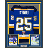 Framed Autographed/Signed Jordan Kyrou 35x39 St. Louis Blue Jersey JSA COA