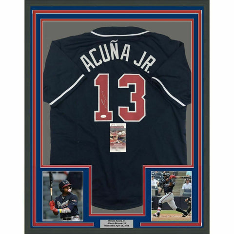 FRAMED Autographed/Signed RONALD ACUNA JR. 33x42 Atlanta Blue Jersey JSA COA