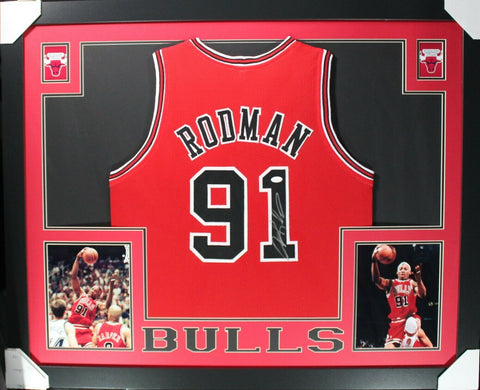 DENNIS RODMAN (Bulls red SKYLINE) Signed Autographed Framed Jersey JSA