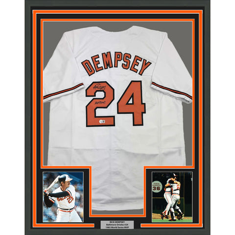 Framed Autographed/Signed Rick Dempsey "MVP 83 WS" 35x39 White Jersey BAS COA