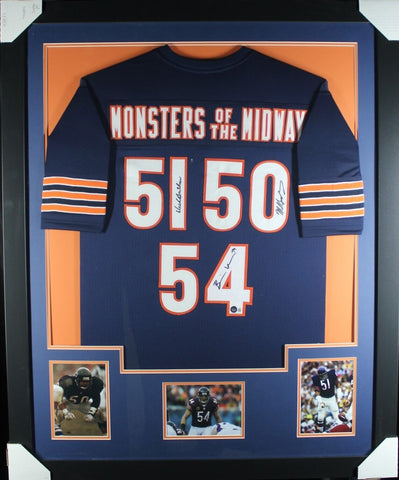 MONSTERS OF THE MIDWAY (Urlacher Singletary Butkus) Signed Framed Jersey Beckett