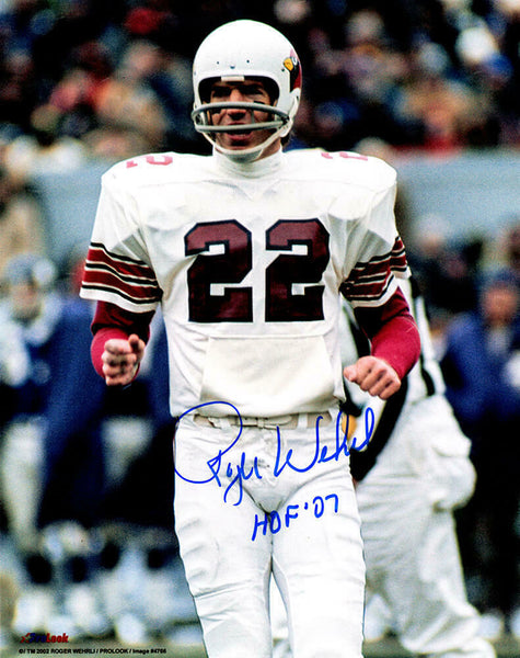 Roger Wehrli Signed Arizona Cardinals Action 8x10 Photo w/HOF'07 (SCHWARTZ COA)