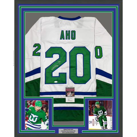 Framed Autographed/Signed Sebastian Aho 35x39 Hartford White Jersey JSA COA