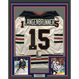 FRAMED Autographed/Signed JAMIE LANGENBRUNNER 33x42 USA White Jersey JSA COA