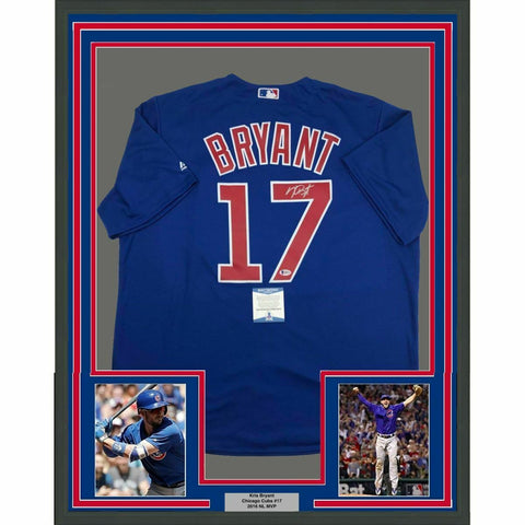 FRAMED Autographed/Signed KRIS BRYANT 33x42 Chicago Blue Jersey Beckett BAS COA