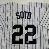 Autographed/Signed Juan Soto New York Pinstripe Baseball Jersey Beckett BAS COA