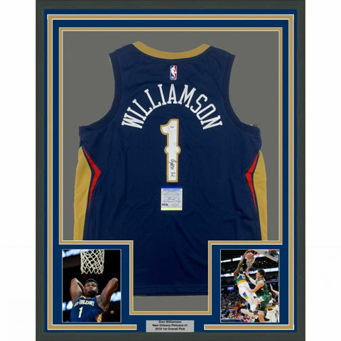 FRAMED Autographed/Signed ZION WILLIAMSON 33x42 New Orleans Blue Jersey PSA COA