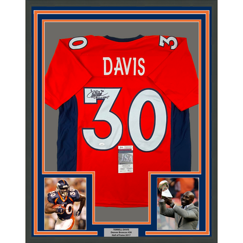 Framed Autographed/Signed Terrell Davis 33x42 SB XXXII MVP Jersey JSA COA