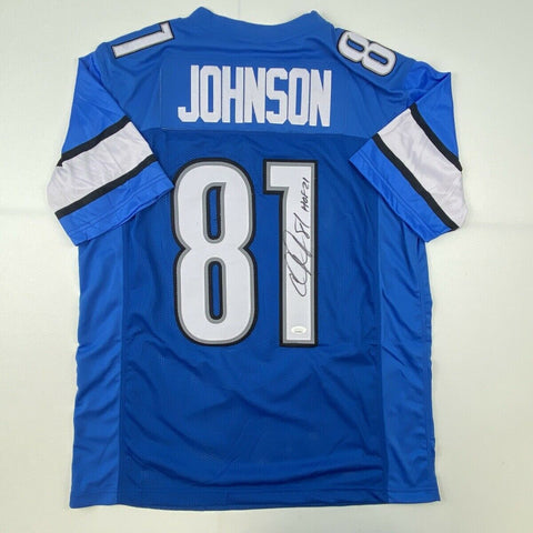 Autographed/Signed CALVIN JOHNSON HOF 21 Detroit Blue Football Jersey JSA COA