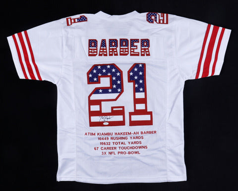 Tiki Barber Signed New York Giants Career Highlight Stat USA Jersey (JSA COA)