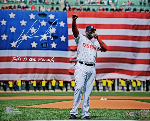 David Ortiz Signed Red Sox Flag 16x20 Photo W/ This is Our F'N City Beckett