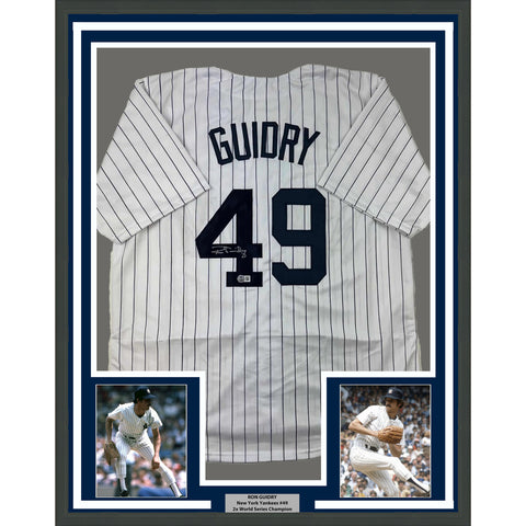 Framed Autographed/Signed Ron Guidry 35x39 New York Pinstripe Jersey BAS COA