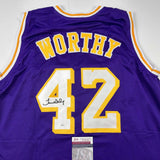 Autographed/Signed James Worthy Los Angeles LA Purple Basketball Jersey JSA COA