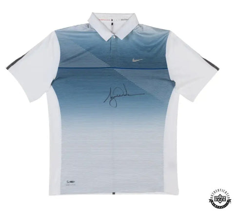 Tiger Woods Autographed Nike Golf Bold Stripe Pattern Polo Shirt UDA LE 25