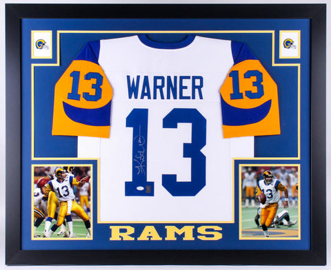 Kurt Warner Signed Los Angeles Rams 35x43 Custom Framed White Jersey (JSA COA)