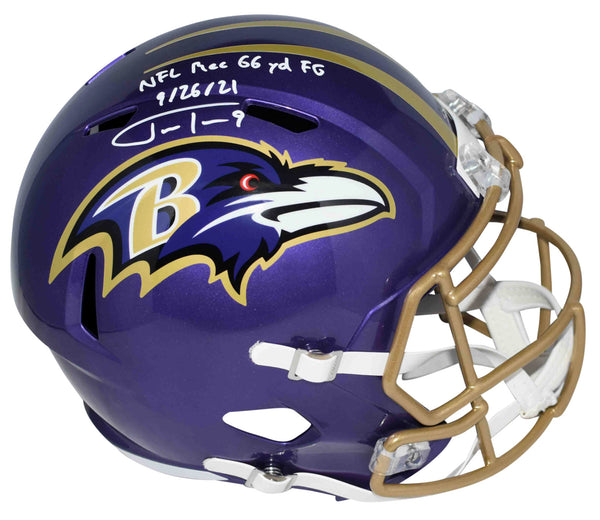 JUSTIN TUCKER SIGNED BALTIMORE RAVENS FULL SIZE FLASH HELMET W/ RECORD 66 YD FG