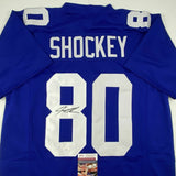 Autographed/Signed JEREMY SHOCKEY New York Blue Football Jersey JSA COA Auto