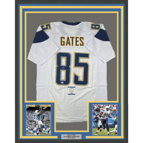 FRAMED Autographed/Signed ANTONIO GATES 33x42 White Jersey Beckett BAS COA