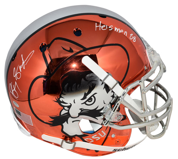 BARRY SANDERS SIGNED OKLAHOMA STATE COWBOYS AUTHENTIC CHROME HELMET + HEISMAN 88