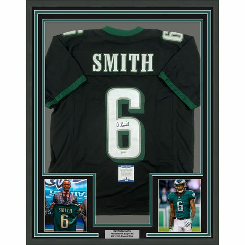 FRAMED Autographed/Signed DEVONTA SMITH 33x42 Philadelphia Black Jersey BAS COA