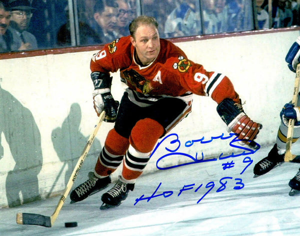 BOBBY HULL Signed Chicago Blackhawks Action With Puck 8x10 Photo w/HOF 1983 - SS