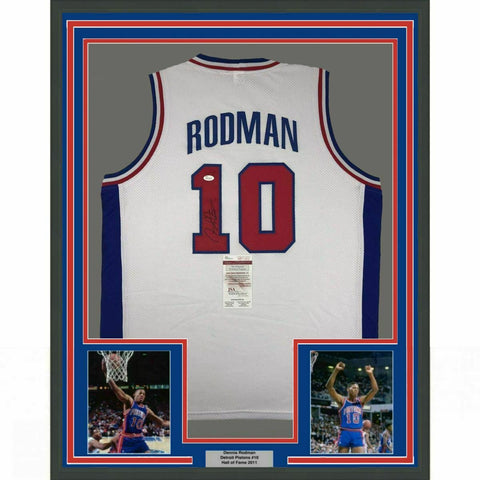 FRAMED Autographed/Signed DENNIS RODMAN 33x42 Detroit White Jersey JSA COA Auto