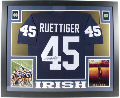 Rudy Ruettiger Signed Notre Dame Fighting Irish 35x43 Framed Jersey Display JSA