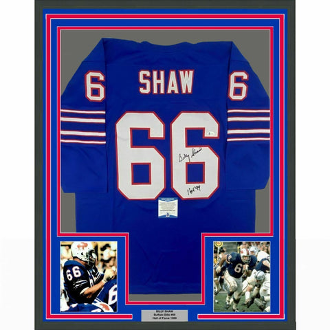 FRAMED Autographed/Signed BILLY SHAW HOF 99 33x42 Buffalo Blue Jersey BAS COA