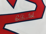 Carlton Fisk Signed Red Sox Stat Jersey (JSA COA) Played 4 Decades 1960s -1990s