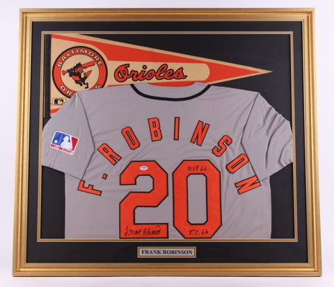 Frank Robinson Signed Orioles 35x39 Custom Framed Jersey Display"MVP 66 & TC"