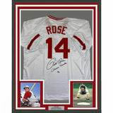 FRAMED Autographed/Signed PETE ROSE Charlie Hustle 33x42 White Jersey Holo COA 1