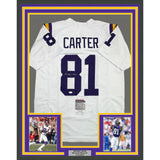 Framed Autographed/Signed Anthony Carter 35x39 Minnesota White Football Jersey J