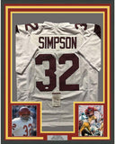 Framed Autographed/Signed OJ O.J. Simpson 33x42 USC White Jersey JSA COA